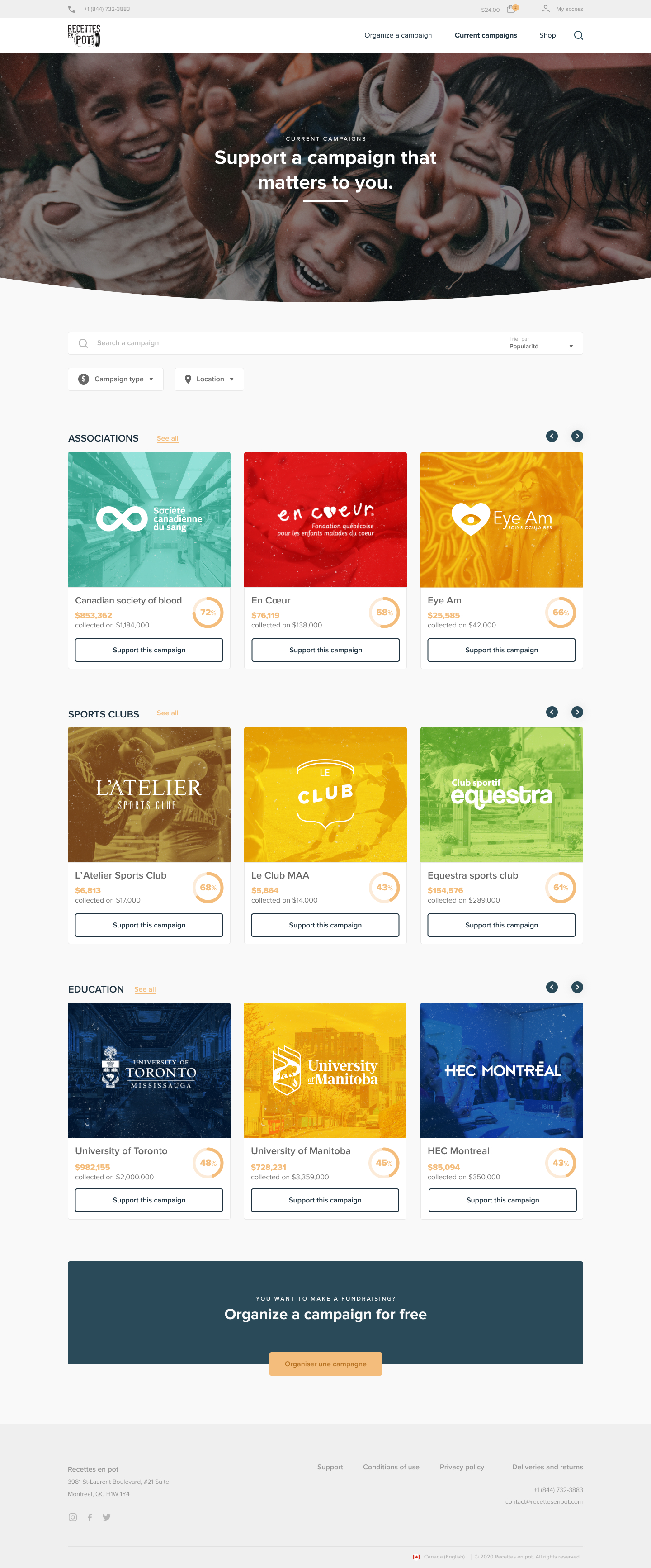 Page pour supporter une campagne de la refonte de Recettes en pot